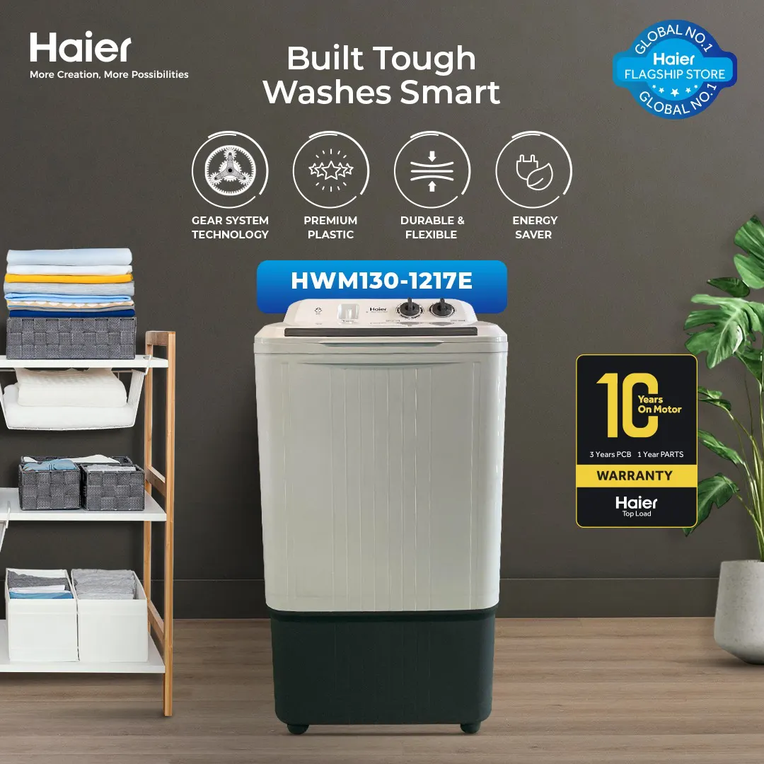 Haier - 13kg - Single Tub Washer - Semi Automatic - Washing Machine - ( Virgin Plastic / Compact Design / Wide Voltage Range ) - HWM 130-1217E+ — HWM 130-1217E+