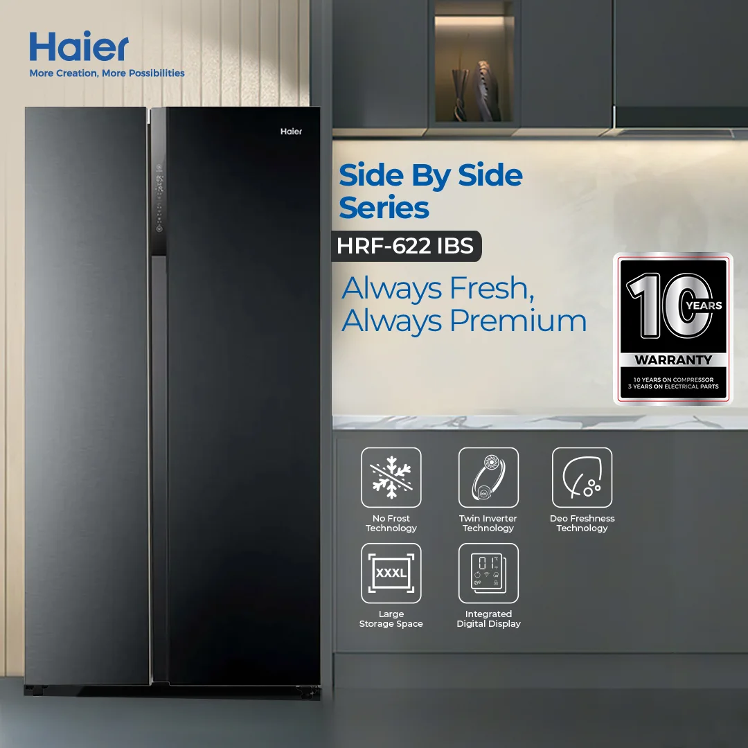 Haier - 22CFT Side by Side Refrigerator - Twin Inverter - Integrated Digital Display - DEO Freshness - HRF-622IBS — HRF-622IBS