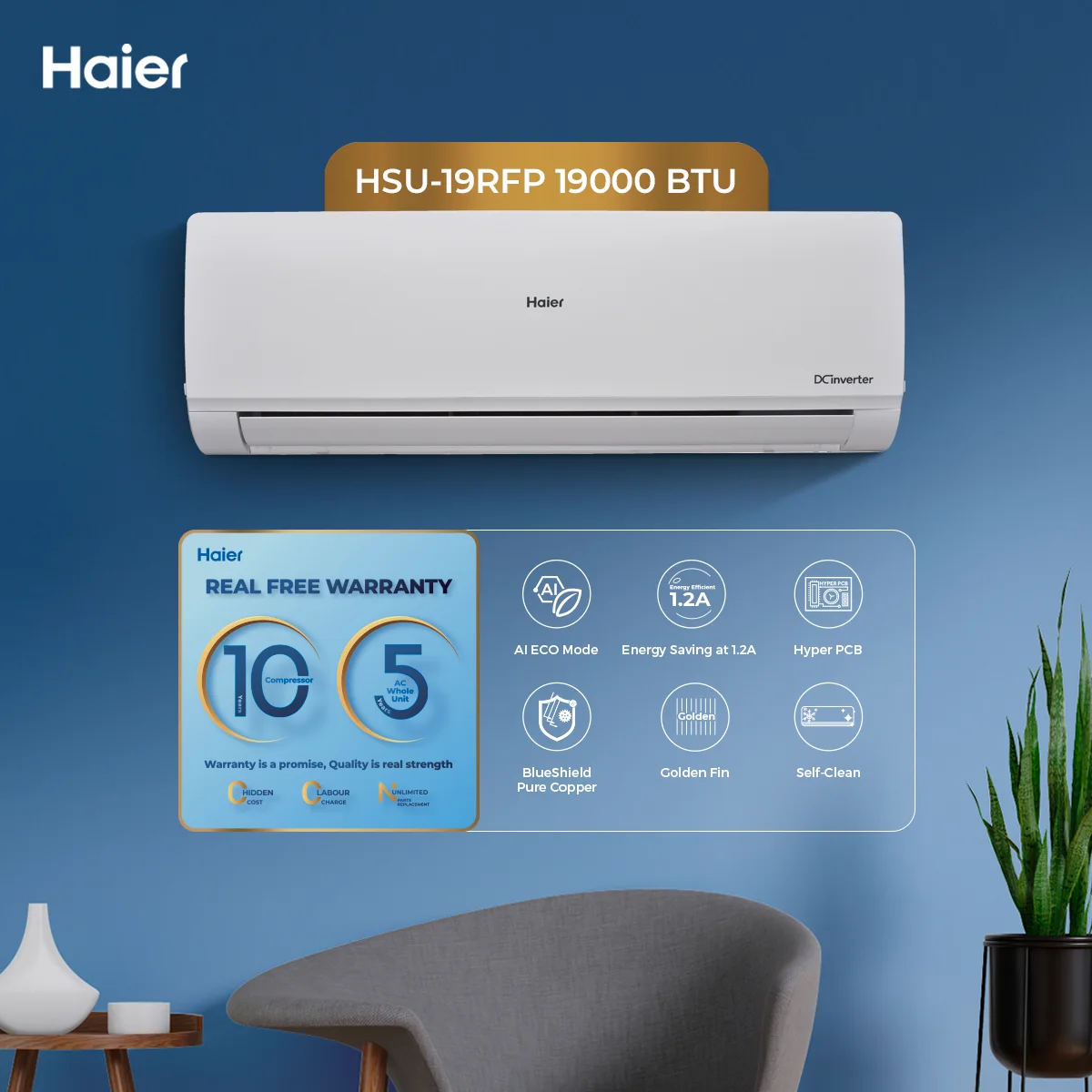 Haier - 1.5 Ton - RF Series - DC Inverter - Air Conditioner - Hyper PCB - Eco Mode - HSU-19RFP — HSU-19RFP