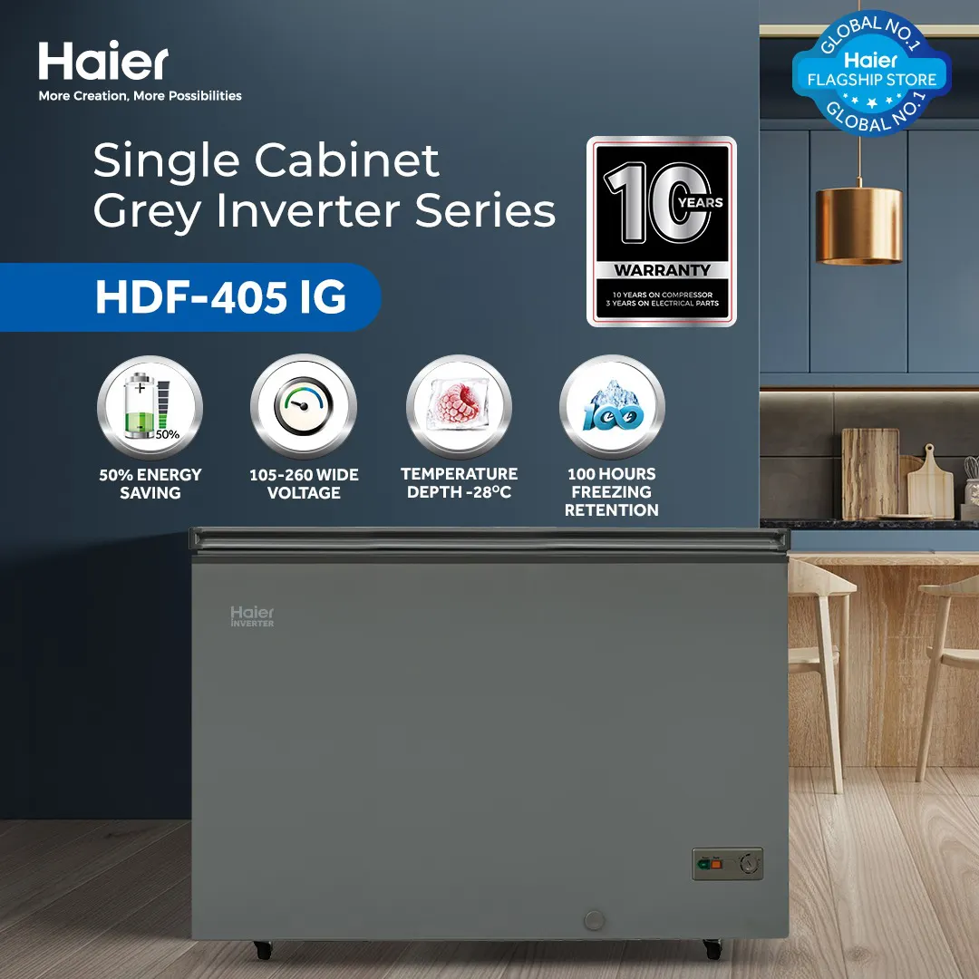 Haier - 14.31CFT Inverter Deep Freezer - Single Door - Balanced Cooling - Super Freeze Function - Single Cabinet - Gray Color - HDF-405 IG — HDF-405 IG