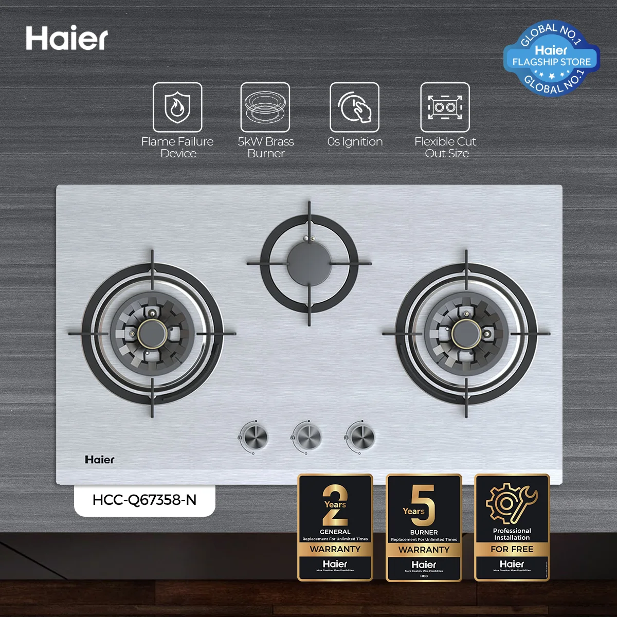 Haier - Hob - Kitchen Natural Gas Stove - 0s Ignition - Flame Failure Device - Flexible Cut-Out Size - HCC-Q67358+ — HCC-Q67358+