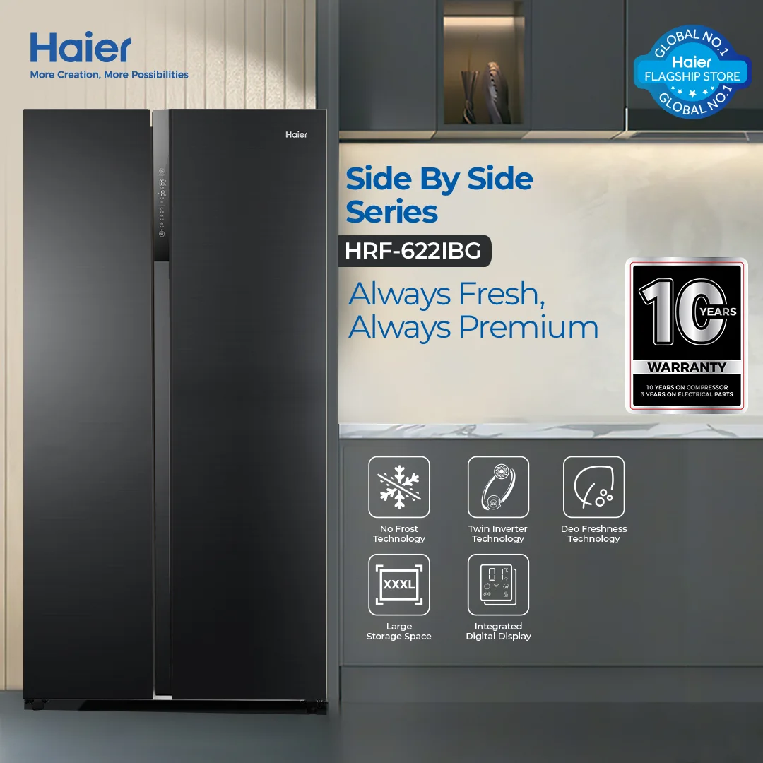 Haier - 22CFT Side by Side Refrigerator - Twin Inverter - Integrated Digital Display - DEO Freshness - HRF-622IBG — HRF-622IBG