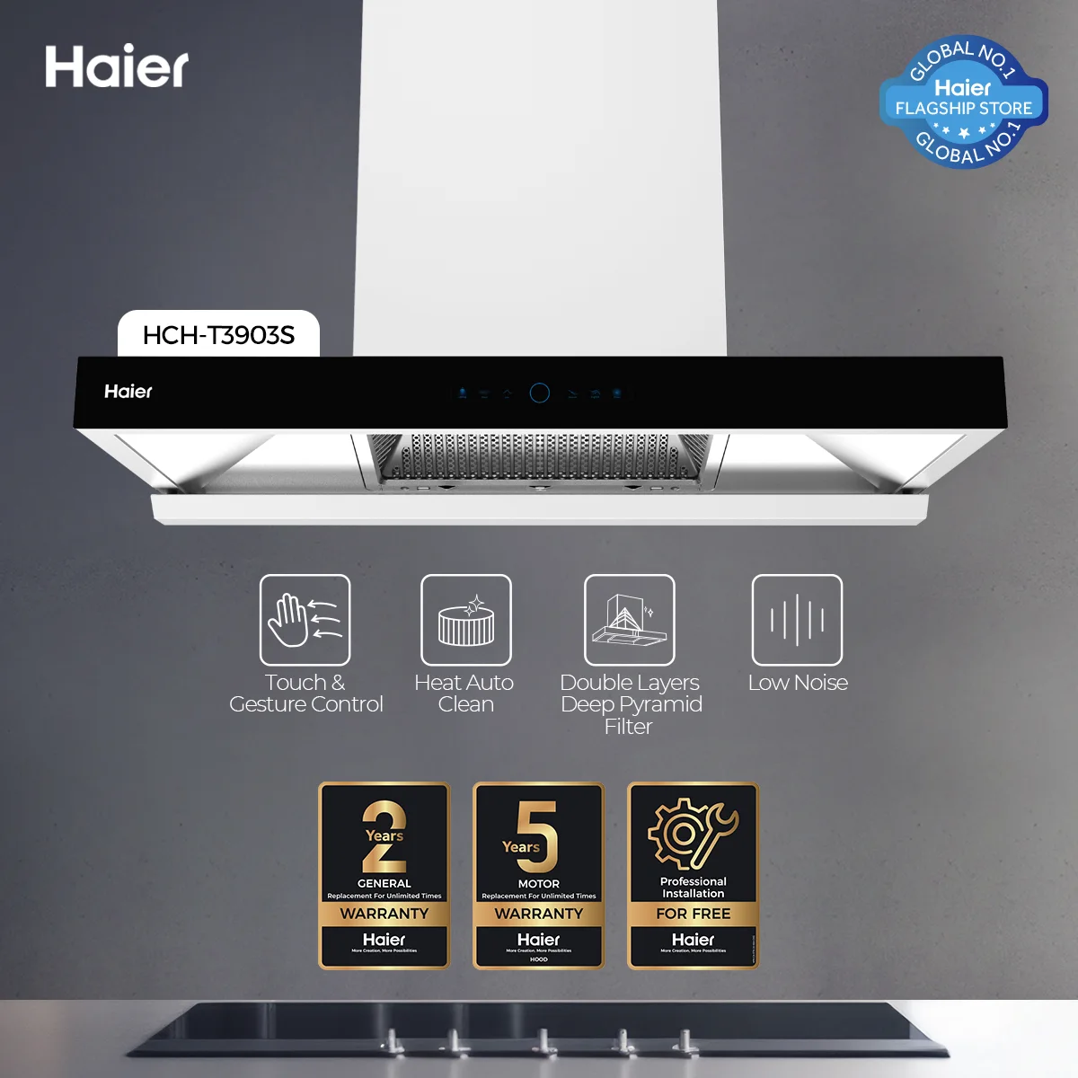 Haier - T - Shape Kitchen Range Hood - Touch & Gesture Control - Low Noise - Heat Auto Clean - HCH-T3903S+ — HCH-T3903S+
