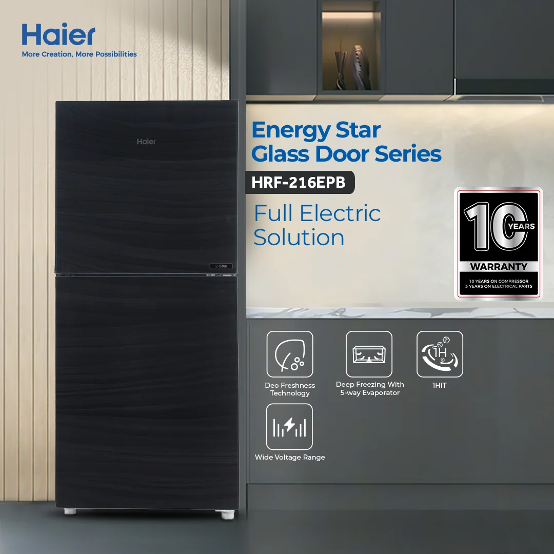 Haier - 7.5CFT E-Star Glass Door Refrigerator - Wide Voltage Range - 1HIT- 5 way Evaporator - HRF-216 EPR/EPB/EPC/EPG — HRF-216 EPR/EPB/EPC/EPG