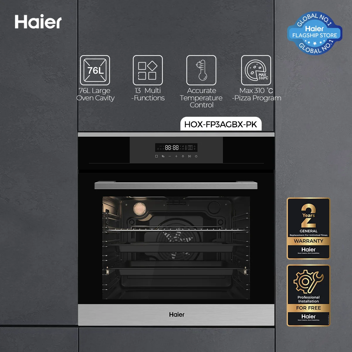 Haier - 76L Oven Cavity - 13 Multi Cooking Functions - 3 Layer Glass Door - HOX-FP3AGBX+ — HOX-FP3AGBX+