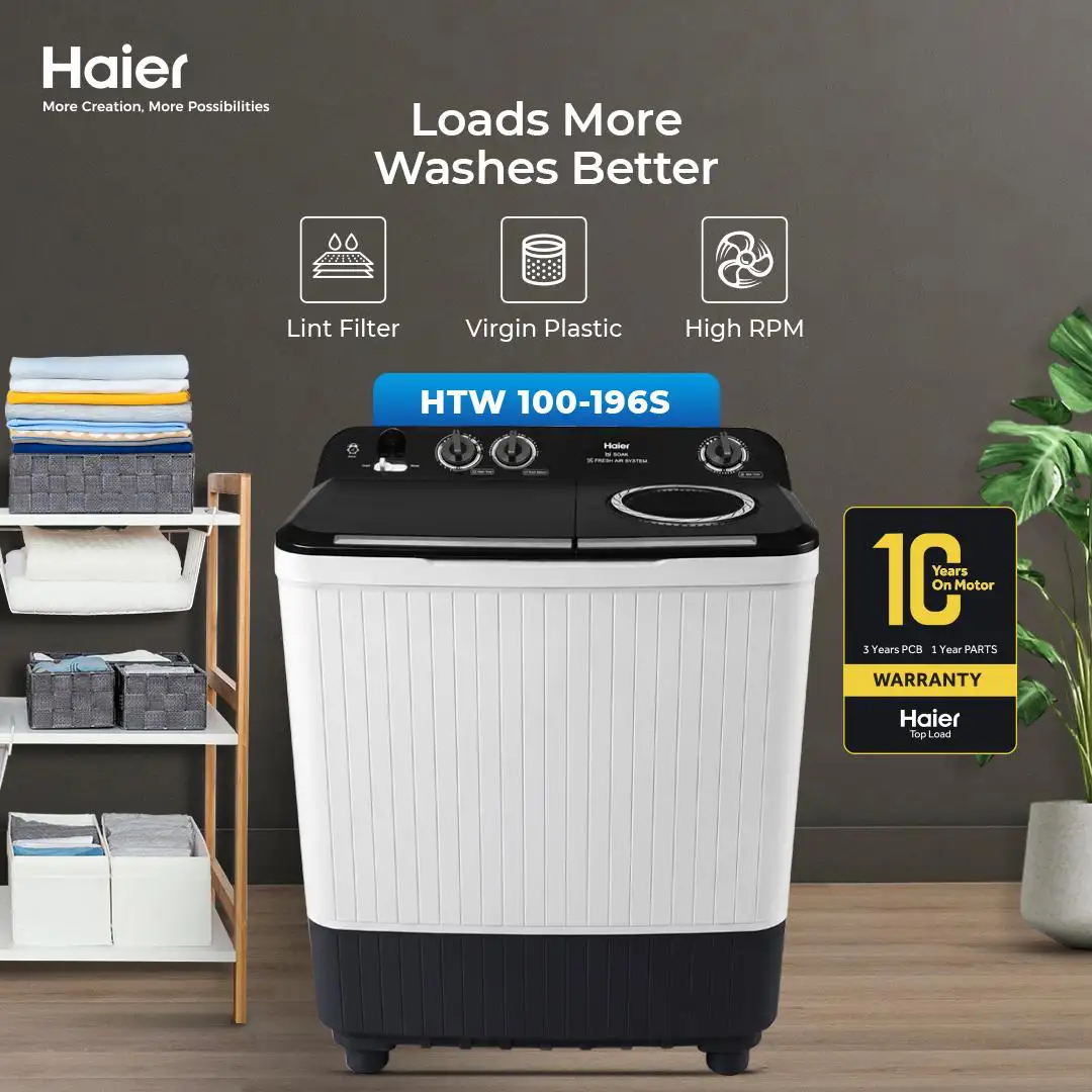 Haier - 10 kg Top Load Washing Machine - Gear Sytem Technology - Wide Volatage Range - HTW 100-196S — HTW 100-196S