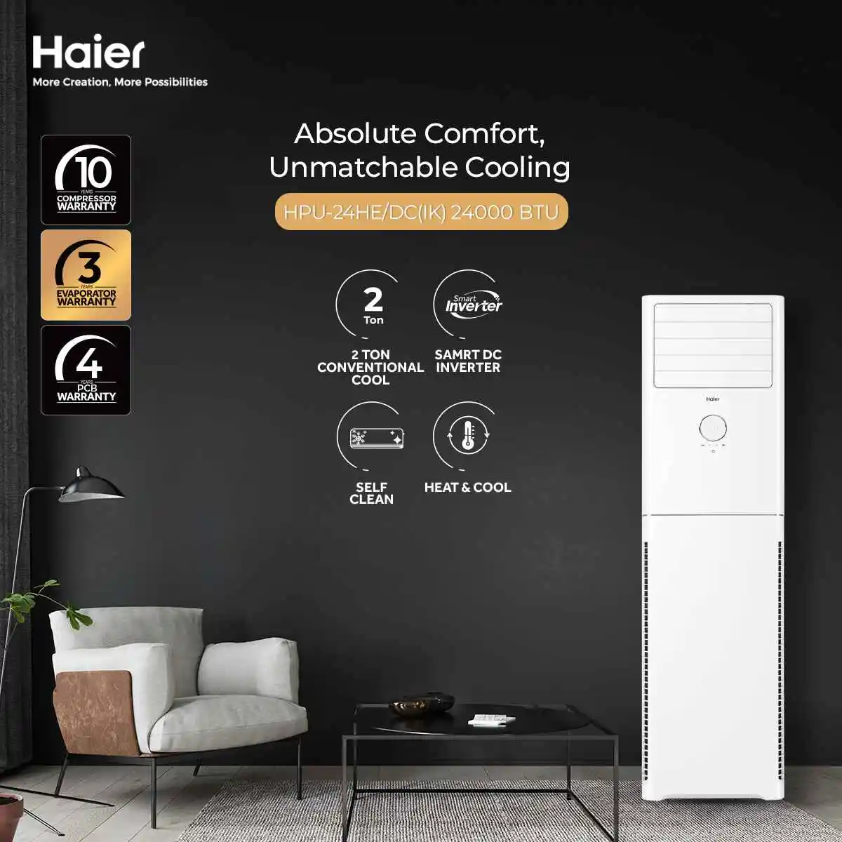 Haier - 2 Ton - Floor Standing - Air Conditioner - Heat & Cool - Cabinet Light - HPU-24HE / WSDC (X-IK) — HPU-24HE / WSDC (X-IK)