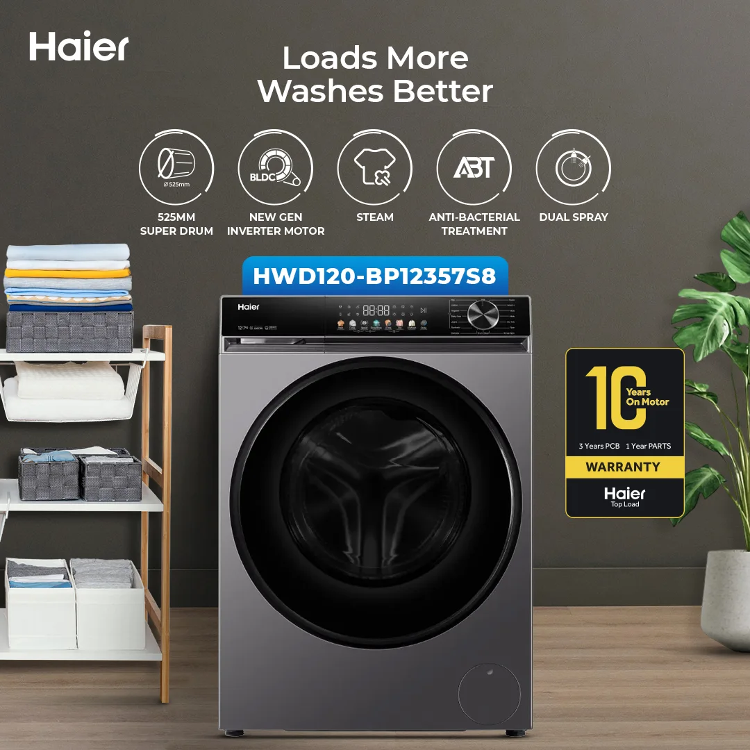 Haier - 12kg - Front Load - Washing Machine - Stain Wash - Inverter Motor - Anti Bacterial - HWD120-BP12357S8 — HWD120-BP12357S8
