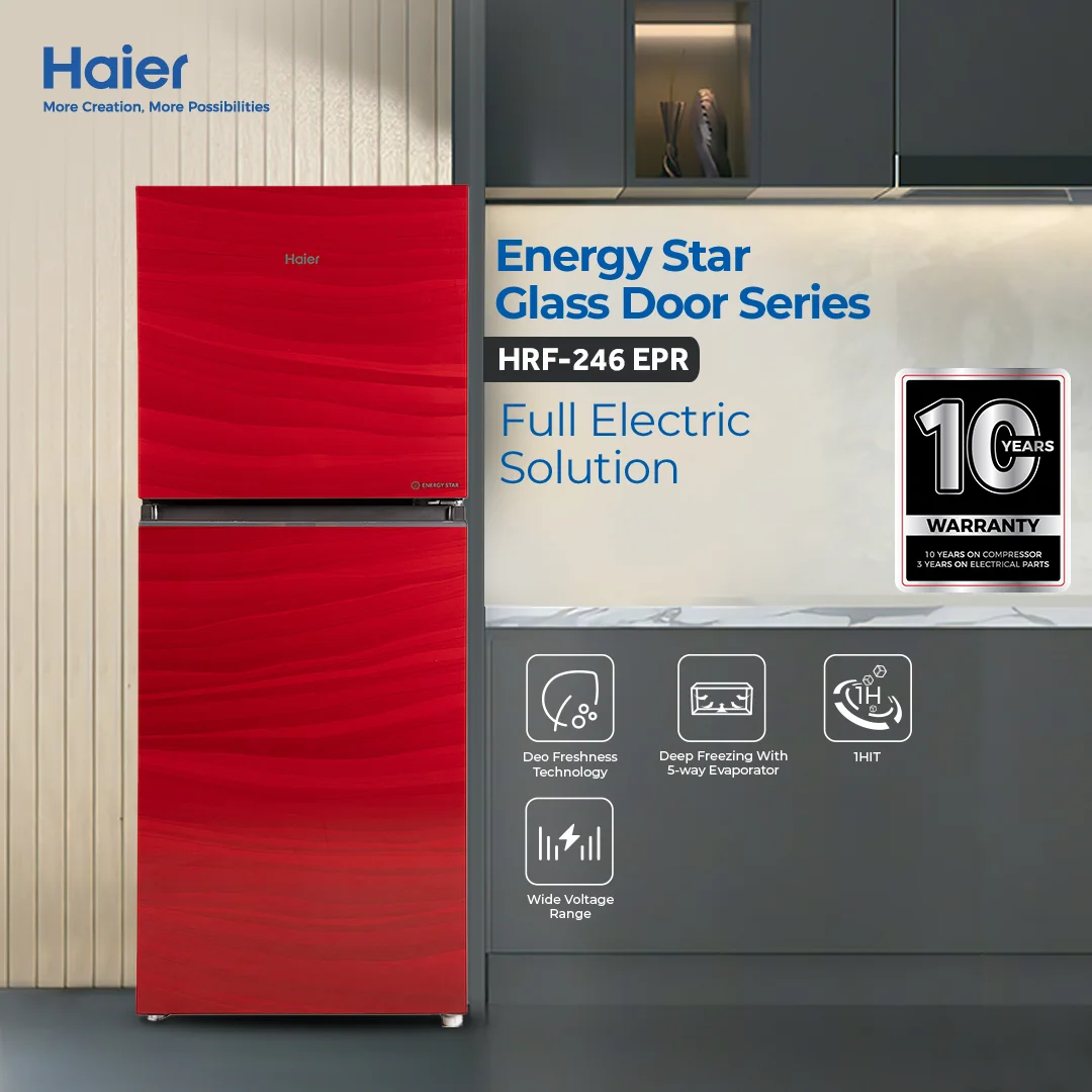 Haier - 8.6CFT E-Star Glass Door Refrigerator - Wide Voltage Range - 1HIT- 5 way Evaporator - HRF-246 EPR/EPB/EPC/EPG — HRF-246 EPR/EPB/EPC/EPG
