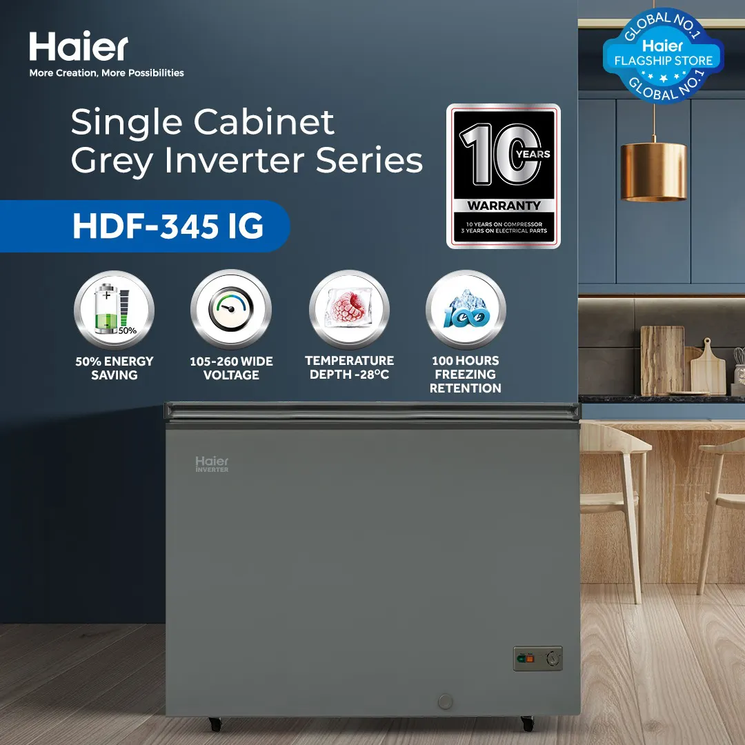 Haier - 12.9CFT Inverter Deep Freezer - Single Door - Balanced Cooling - Super Freeze Function - Single Cabinet - Gray Color - HDF-345 IG — HDF-345 IG