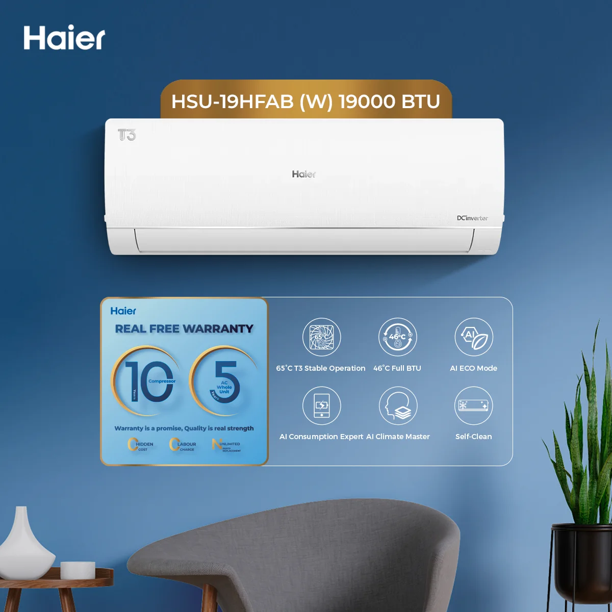 Haier - 1.5 Ton - T3 Series - DC Inverter - Air Conditioner - T3 Stable Operation - Self Clean - HSU-19HFAB(W) — HSU-19HFAB(W)