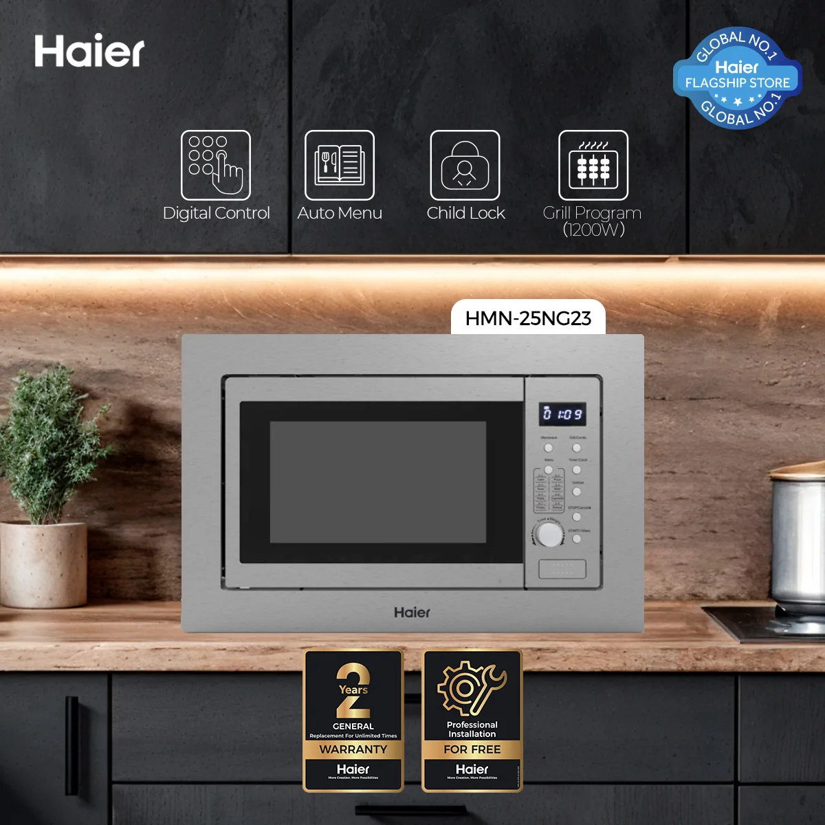 Haier - 25L Microwave Oven - Built In Grill 1200W - Auto Menu - HMN-25NG23+ — HMN-25NG23+