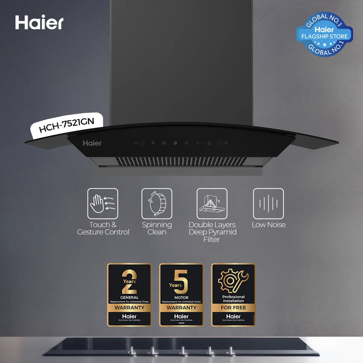 Haier - T - Shape Kitchen Range Hood - Double Layers Deep Pyramid Filter - Low Noise - Spinning Clean - HCH-7521GN+ — HCH-7521GN+