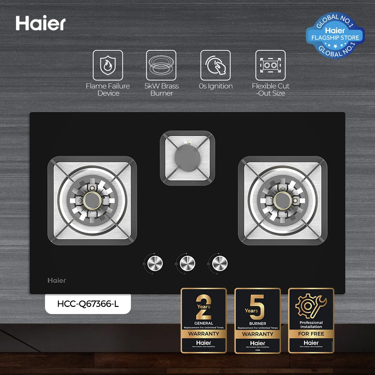 Haier - Hob - Kitchen LPG Stove - 0s Ignition - Flame Failure Device - Flexible Cut-Out Size - HCC-Q67366+ — HCC-Q67366+