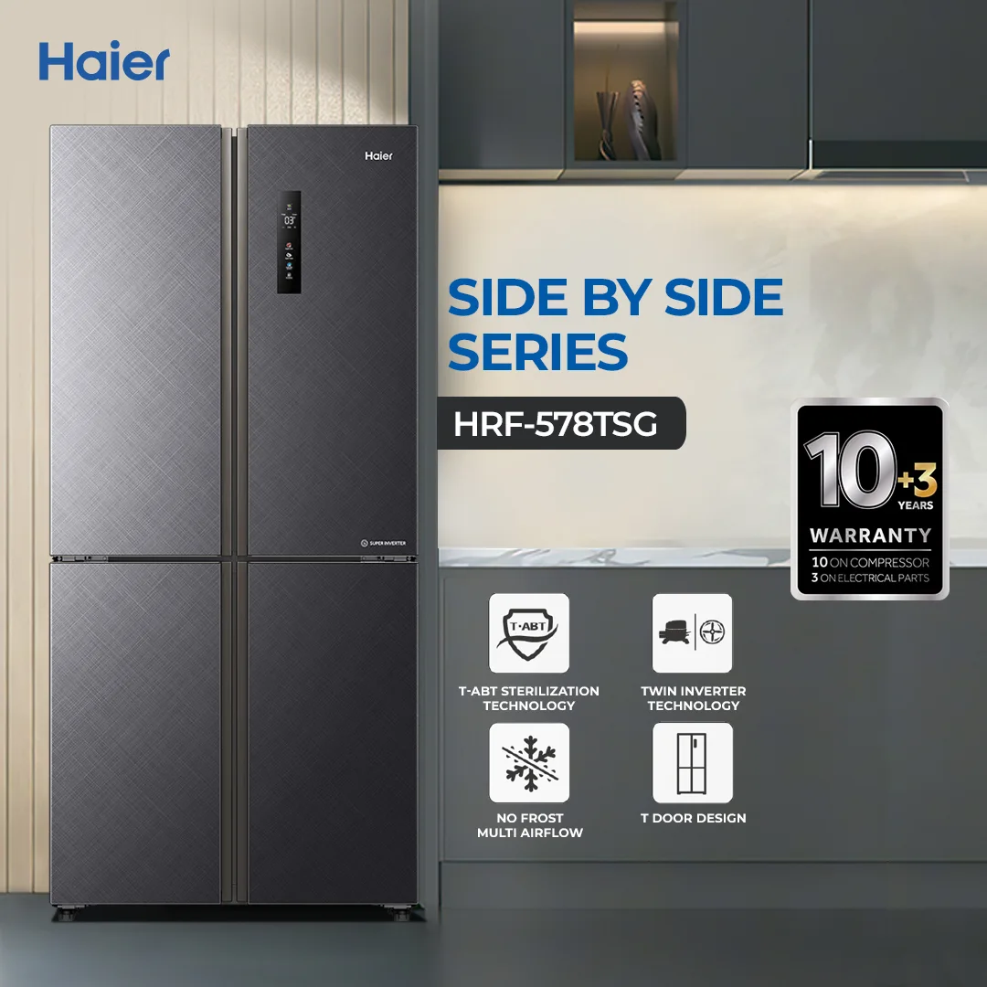 Haier- 20.5CFT Refrigerator - Inverter Antibacterial - No Frost Multi Airflow - Glass Door - HRF-578TSG — HRF-578TSG