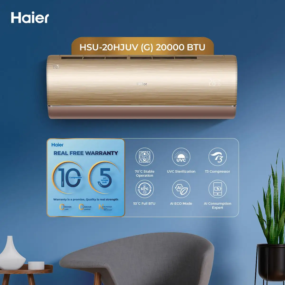 Haier - 1.5 Ton - T3 Series - Puri Inverter - Air Conditioner - Anti Corrosion - HSU-20HJUV(G) — HSU-20HJUV(G)