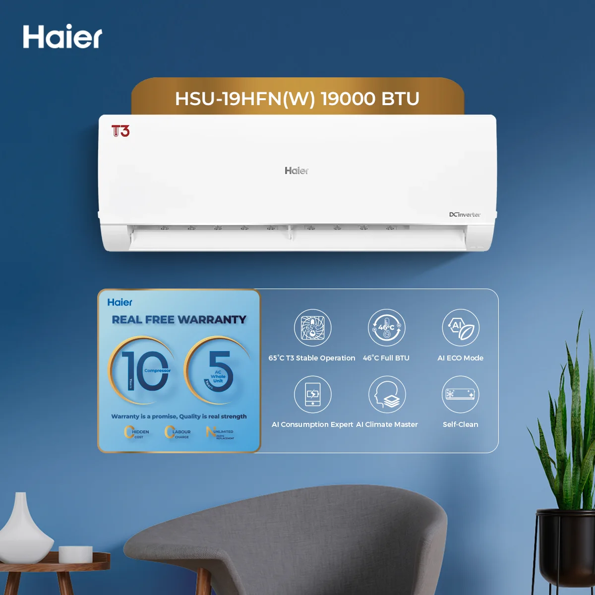 Haier - 1.5 Ton - T3 Series - DC Inverter - Air Conditioner - AI Climate Master - Heat & Cool - HSU-19HFN(W) — HSU-19HFN(W)