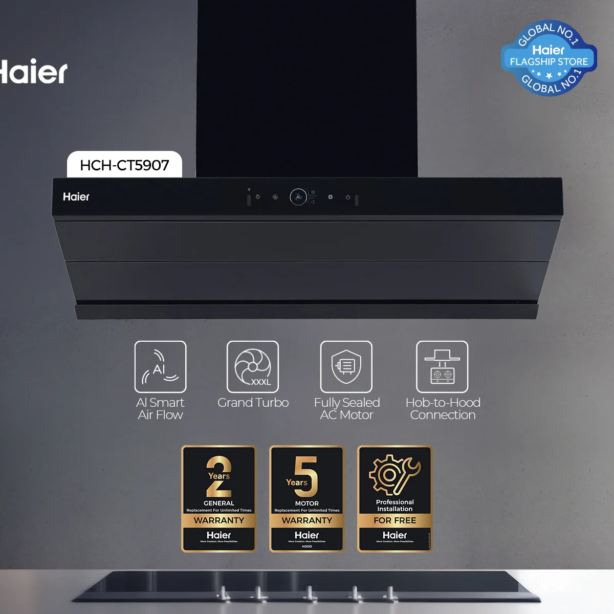 Haier - T - Shape Kitchen Range Hood - AI Smart Air Flow - Grand Turbo - Fully Sealed AC Motor - HCH-CT5907 — HCH-CT5907