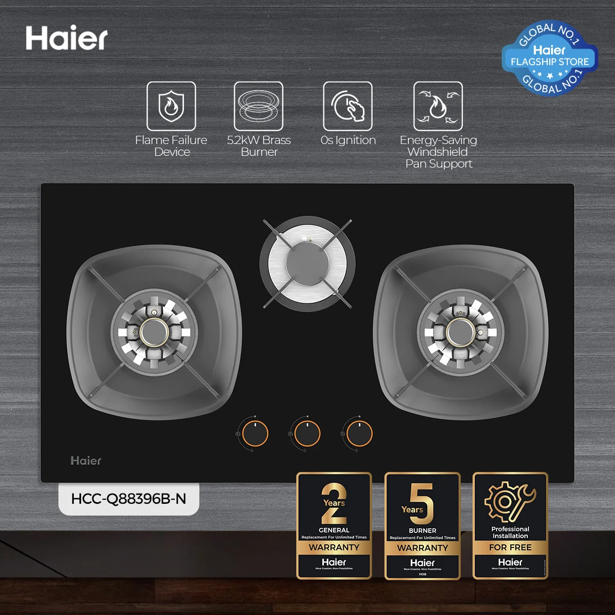 Haier - Hob - Kitchen Natural Gas Stove - 0s Ignition - Flame Failure Device - HCC-Q88396B+ — HCC-Q88396B+
