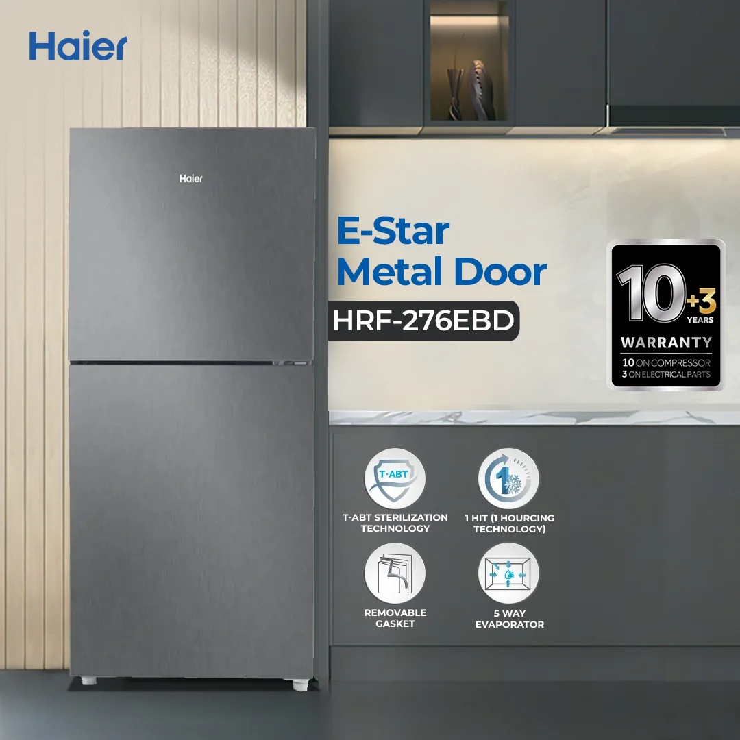 Haier - 10 CFT E-Star Metal Door Refrigerator - Anti Bacterial Panel - 1HIT - Smart Cooling System - HRF-276 EBS/EBD — HRF-276 EBS/EBD
