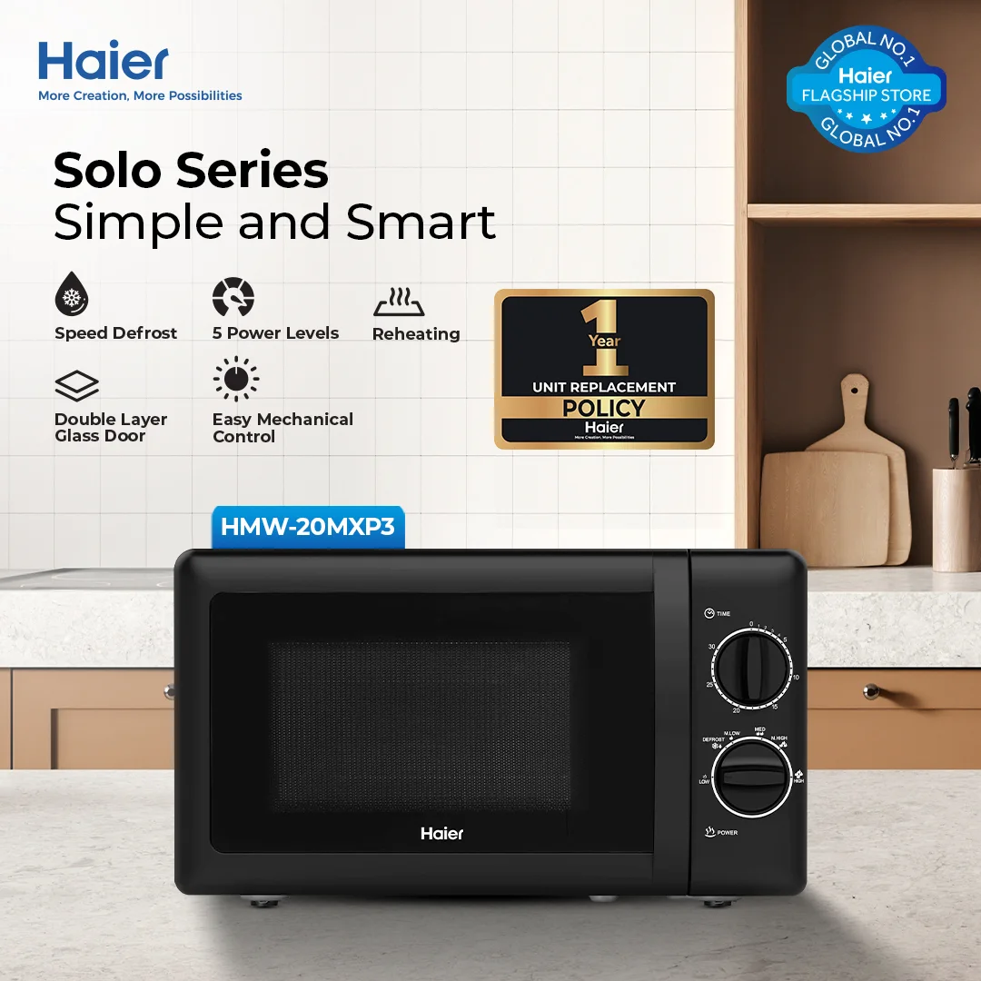Haier - 20 L - Solo - Microwave Oven - 5 Power Levels - Weight Defrost - HMW-20MXP3+ — HMW-20MXP3+