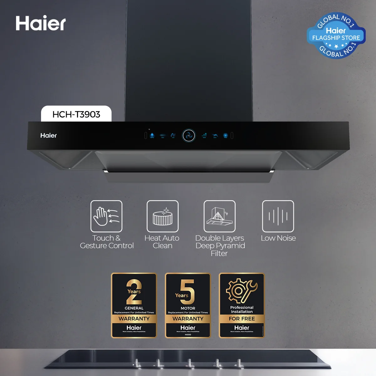 Haier - T - Shape Kitchen Range Hood - Touch & Gesture Control - Low Noise - HCH-T3903+ — HCH-T3903+