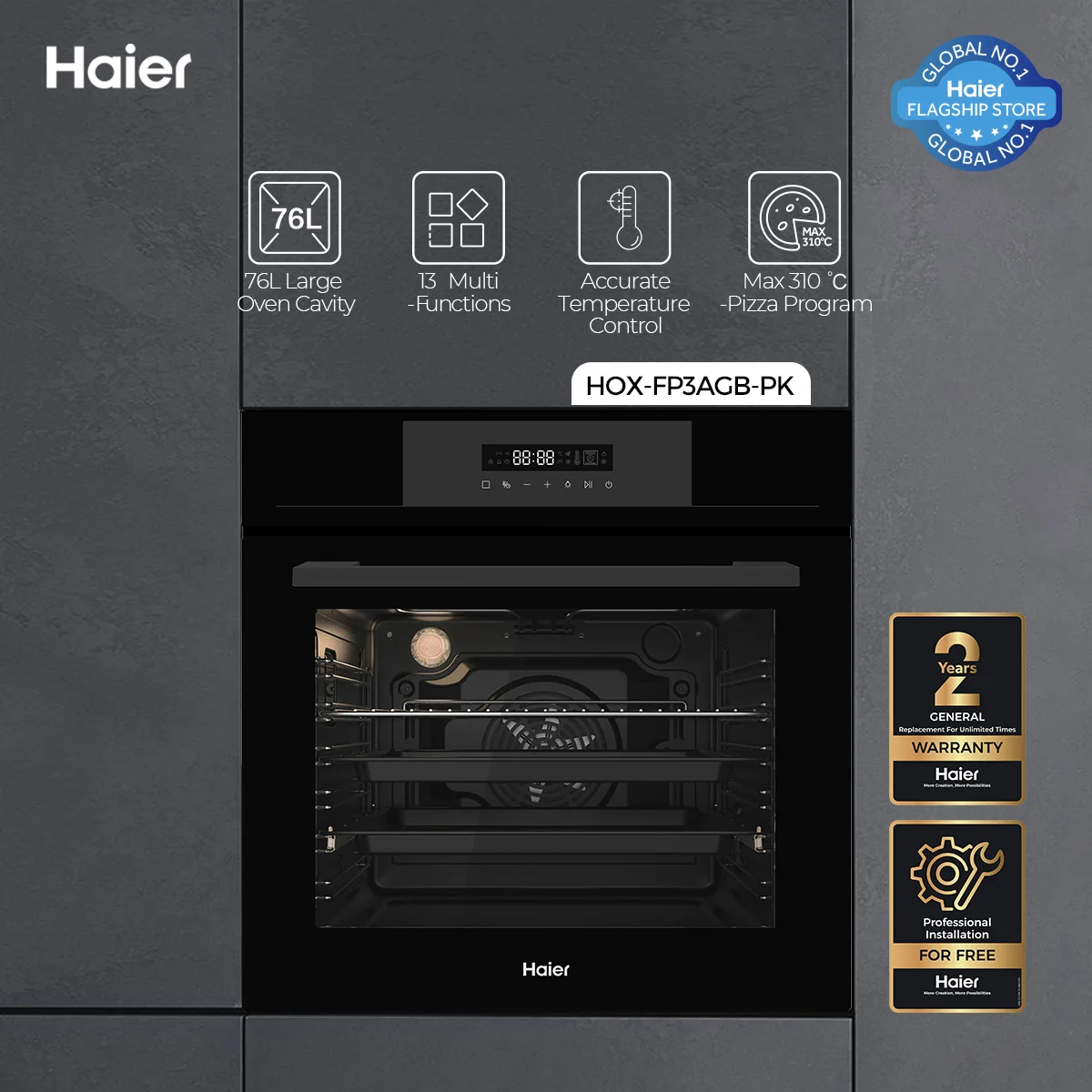 Haier - 76L Oven Cavity - 13 Multi Cooking Functions - 3 Layer Glass Door - HOX-FP3AGB+ — HOX-FP3AGB+