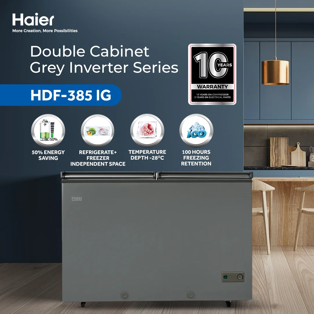 Haier - 13.75CFT Inverter Deep Freezer - Layer Door - Double Condenser - Double Cabinet - Gray Color - High Density Foaming - HDF-385 IG — HDF-385 IG
