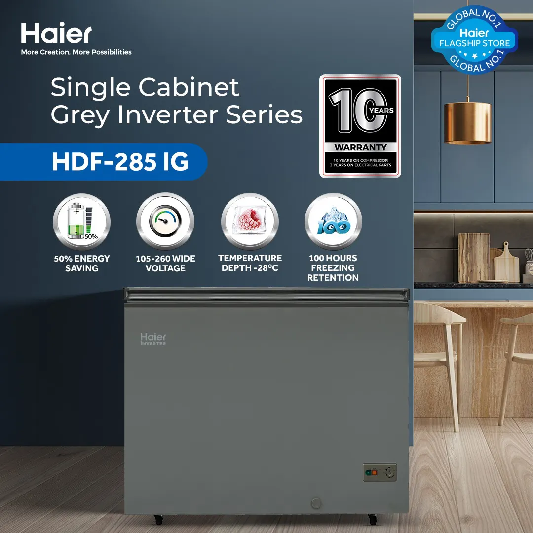 Haier - 10.06CFT Inverter Deep Freezer - Single Door - Balanced Cooling - Super Freeze Function - Single Cabinet - Gray Color - HDF-285 IG — HDF-285 IG