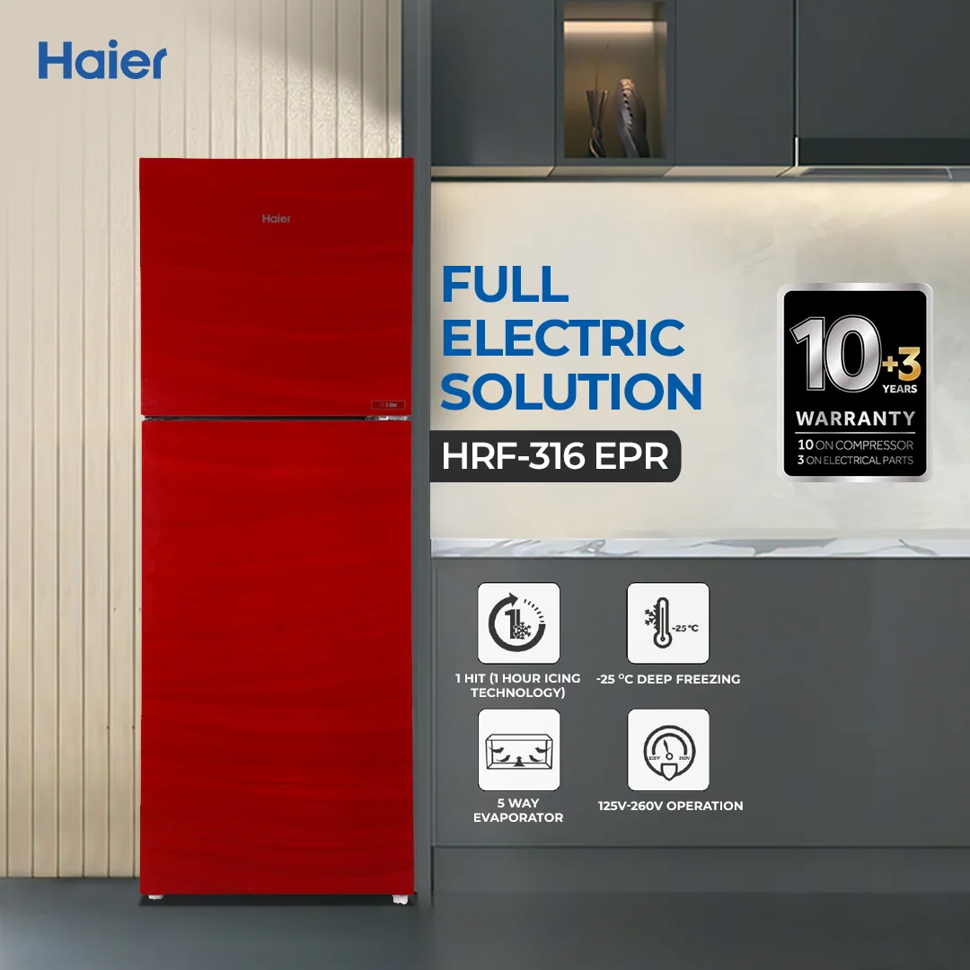 Haier - 11CFT E-Star Glass Door Refrigerator - Wide Voltage Range - 1HIT- 5 way Evaporator - HRF-316 EPR/EPB/EPC/EPG — HRF-316 EPR/EPB/EPC/EPG