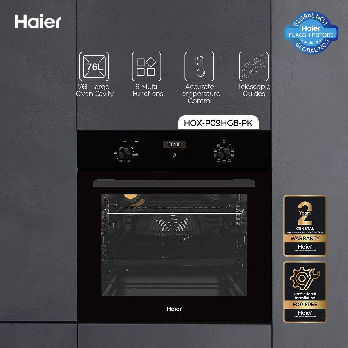 Haier - 76L Oven Cavity - 4D Heating - Telescopic Guide - HOX-P09HGB+ — HOX-P09HGB+