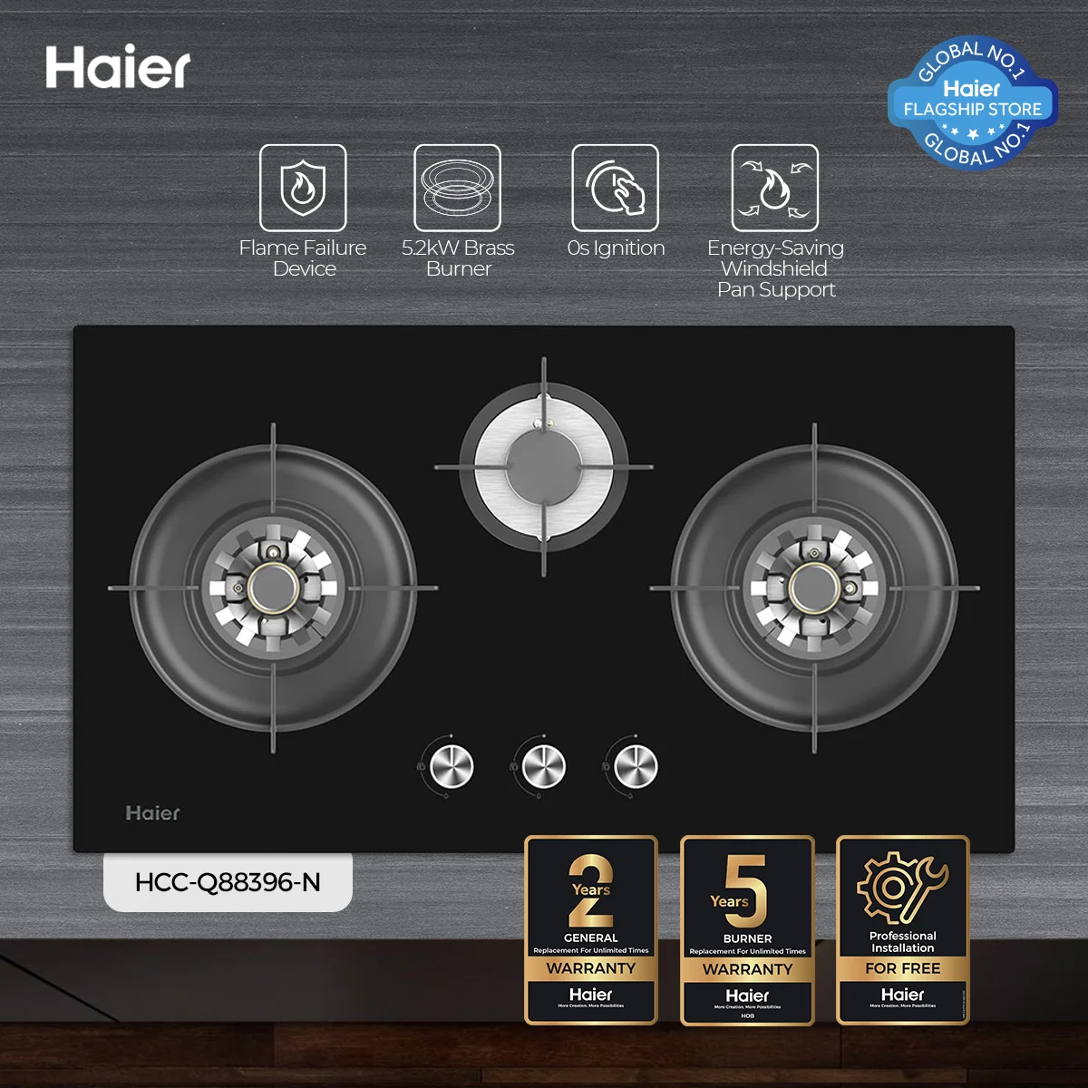 Haier - Hob - Kitchen Natural Gas Stove - 0s Ignition - Flame Failure Device - HCC-Q88396+ — HCC-Q88396+