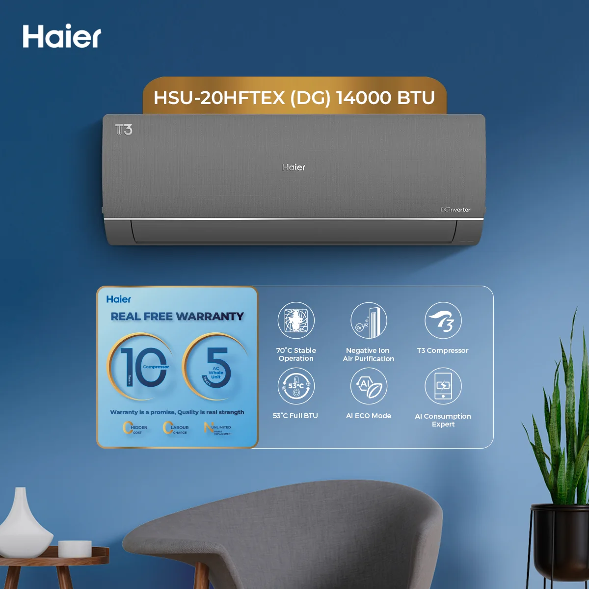 Haier - 1.5 Ton - T3 Plus - DC Inverter - Air Conditioner - AI Eco Mode - Turbo Cool - HSU-20HFTEX(DG) — HSU-20HFTEX(DG)