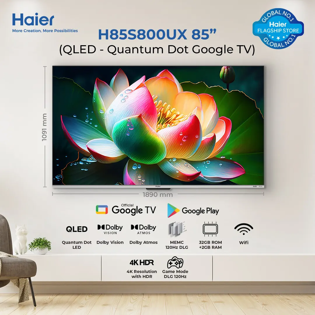 Haier - 85 Inch - UHD 4K QLED Google TV - Dolby Vision - Bezeless - Game Mode DLG 120 Hz - H85S800UX — H85S800UX