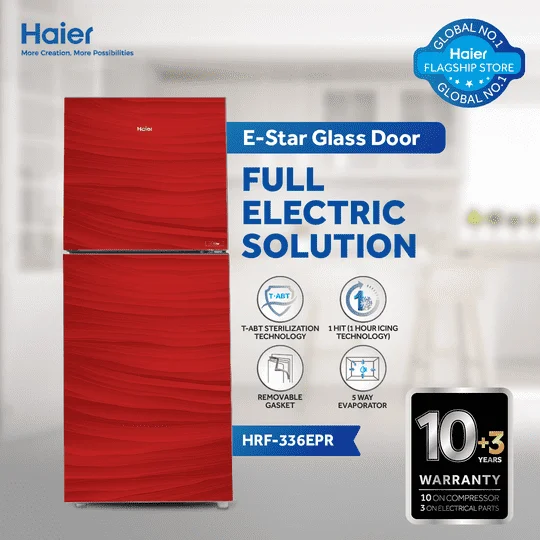 Haier - 12CFT E-Star Glass Door Refrigerator - Wide Voltage Range - 1HIT- 5 way Evaporator - HRF-346 EPR/EPB/EPC/EPG — HRF-346 EPR/EPB/EPC/EPG
