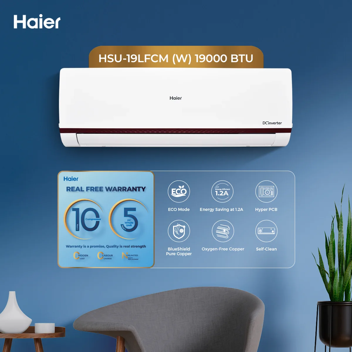 Haier - 1.5 Ton - Cool Only - Inverter Series - Air Conditioner - Energy Saving At 1.2A - Oxygen Free Copper - HSU-19LFCM — HSU-19LFCM