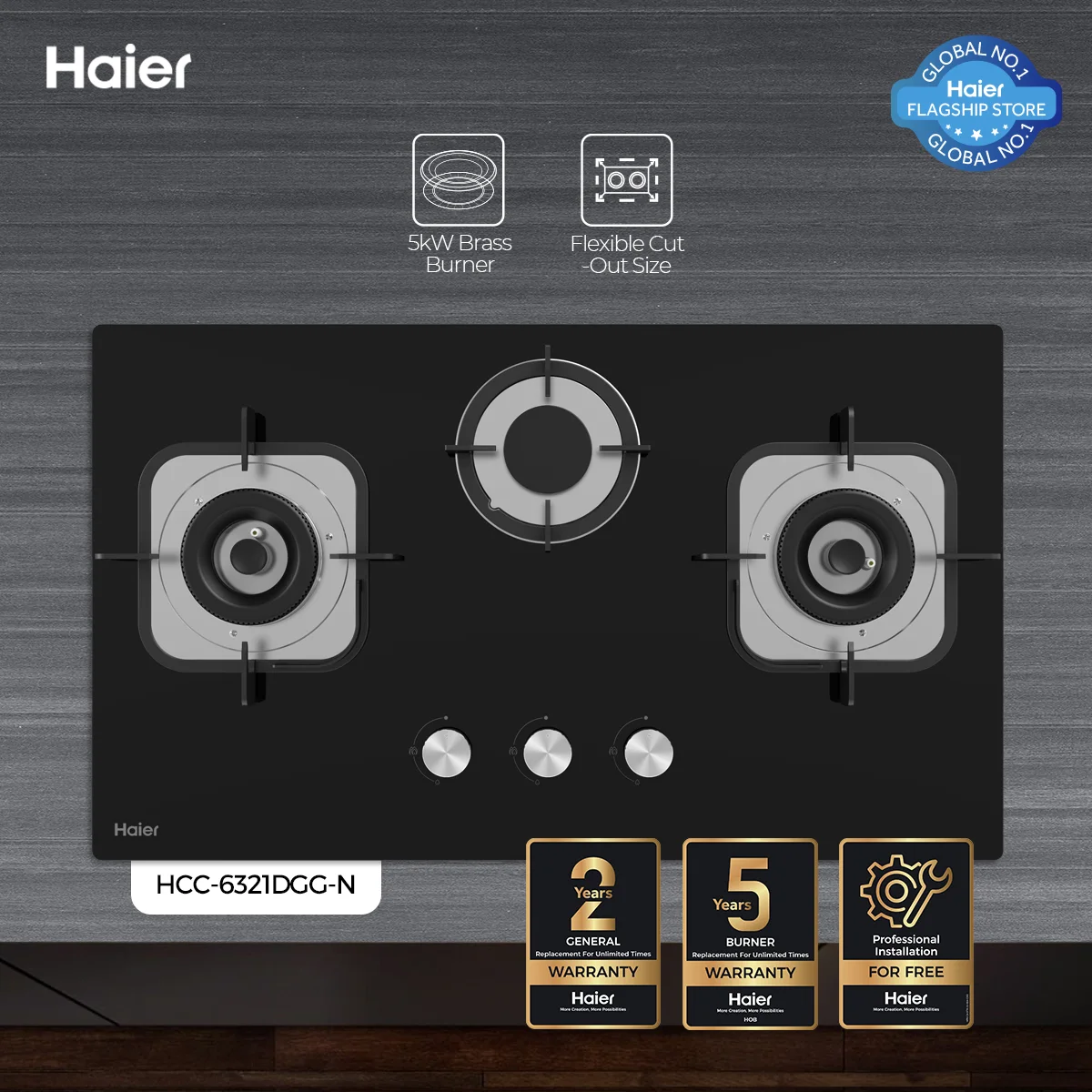 Haier - Hob - Kitchen Natural Gas Stove - Flexible Cut-Out Size - HCC-6321DGG — HCC-6321DGG