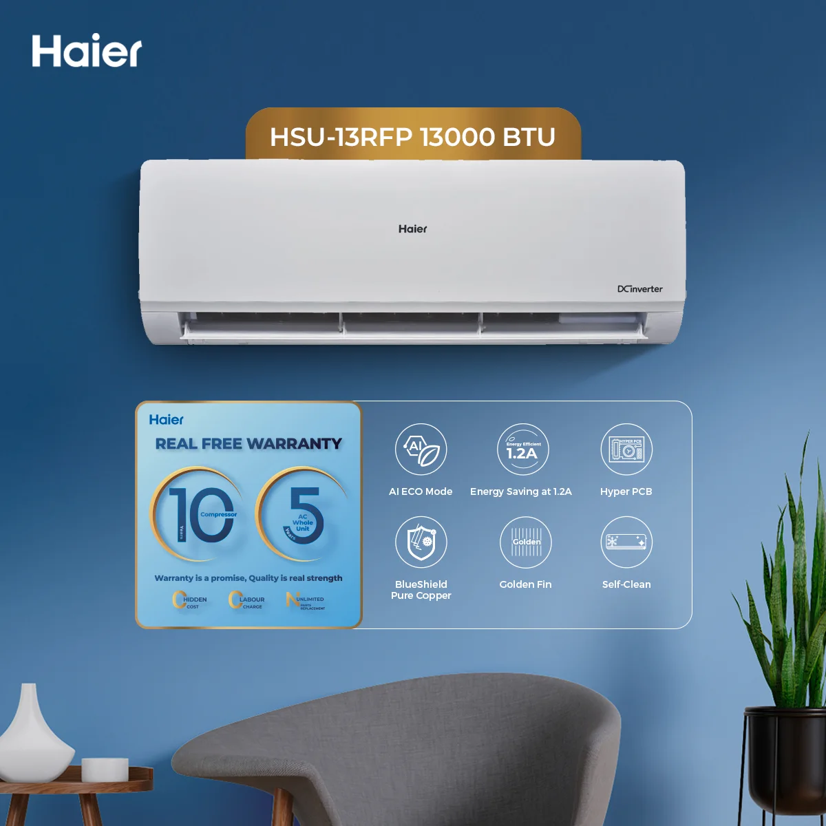 Haier - 1 Ton - RF Series - DC Inverter - Air Conditioner - Hyper PCB - Eco Mode - HSU-13RFP — HSU-13RFP