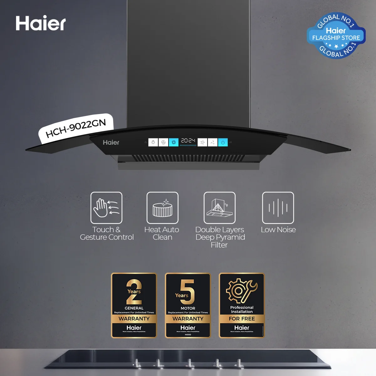 Haier - T - Shape Kitchen Range Hood - Touch & Gesture Control - Low Noise - HCH-9022GN+ — HCH-9022GN+