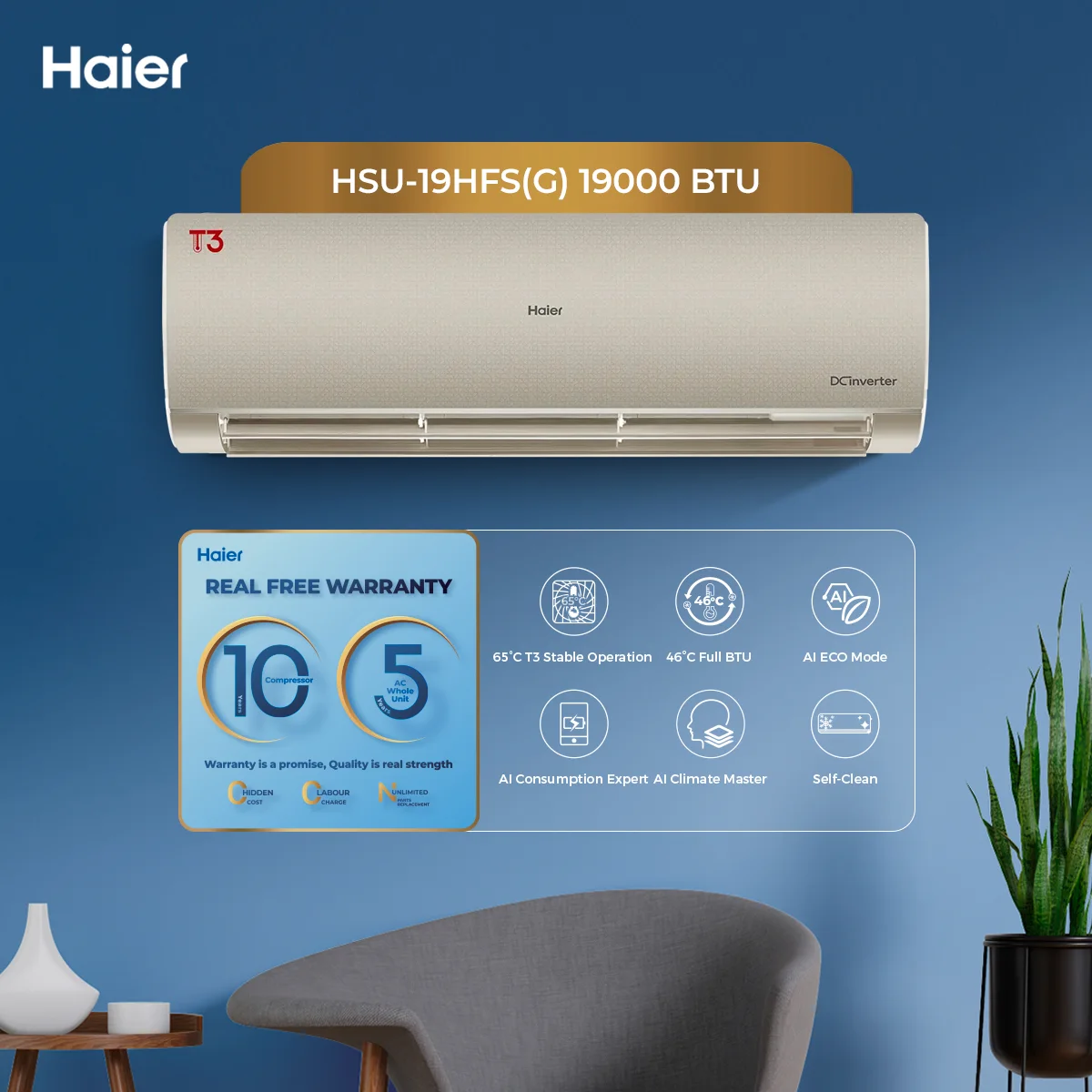 Haier - 1.5 Ton - T3 Series - DC Inverter - Air Conditioner - UPS Operation - Heat & Cool - HSU-19HFS(G) — HSU-19HFS(G)