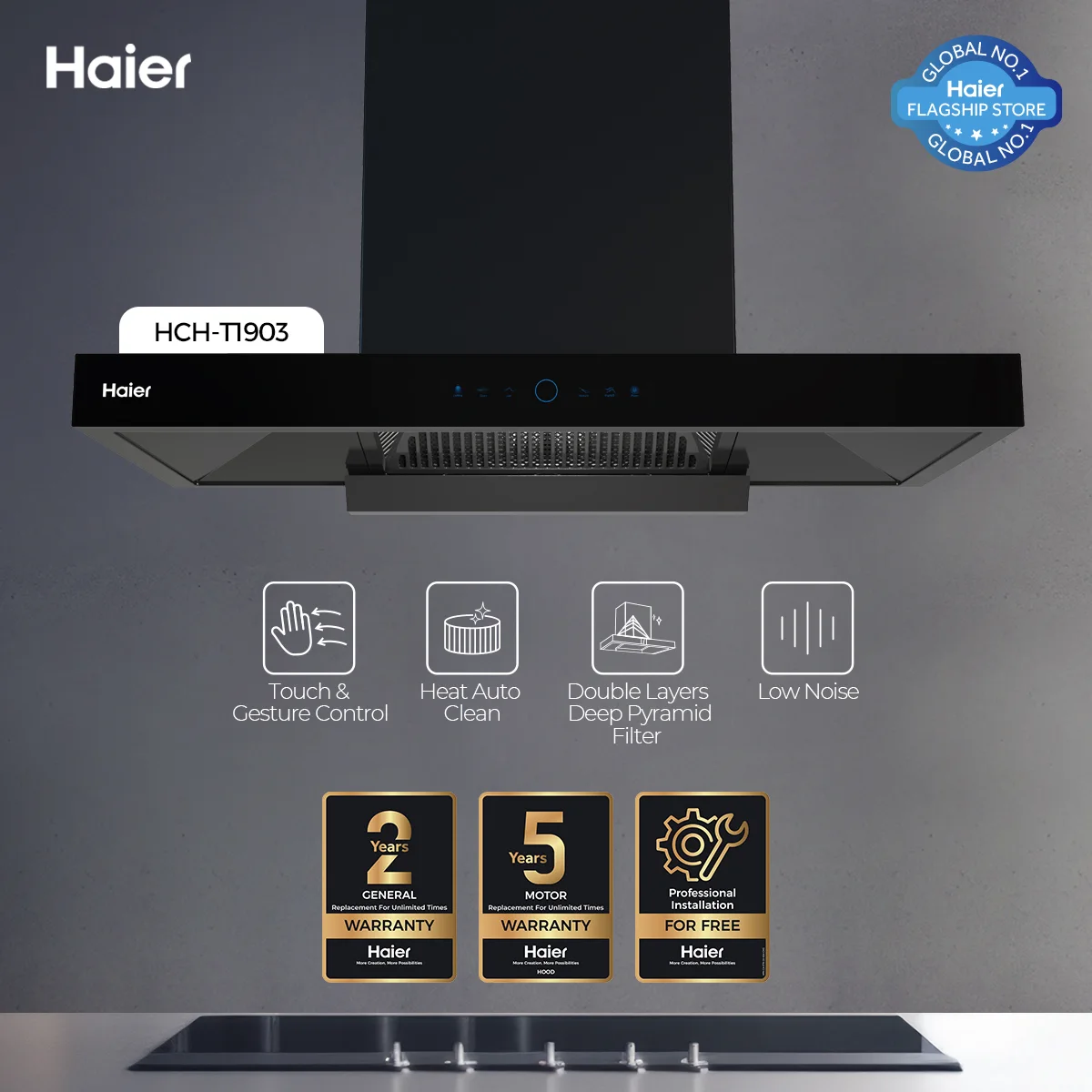 Haier - T - Shape Kitchen Range Hood - Touch & Gesture Control - Low Noise - HCH-T1903+ — HCH-T1903+