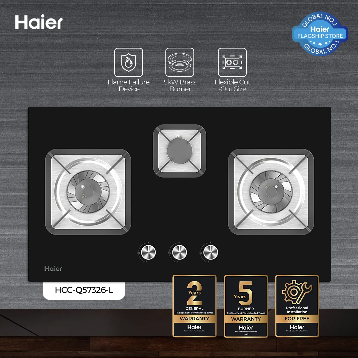 Haier - Hob - Kitchen LPG Stove - Flame Failure Device - Flexible Cut-Out Size - HCC-Q57326+ — HCC-Q57326+