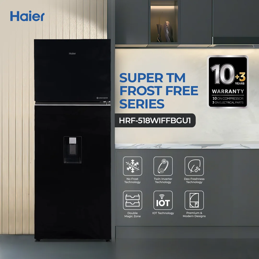 Haier - 18 CFT Refrigerator - Inverter Antibacterial - DEO Freshness - Double Magic Zone - IOT - Glass Door - HRF-518WIFFBGU1+ — HRF-518WIFFBGU1+