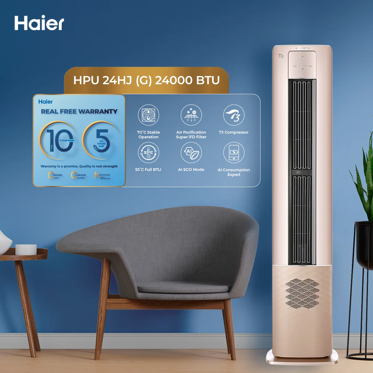 Haier - 2 Ton - Floor Standing - Air Conditioner - Heat & Cool - Cabinet Light - HPU-24HJ (G) — HPU-24HJ (G)