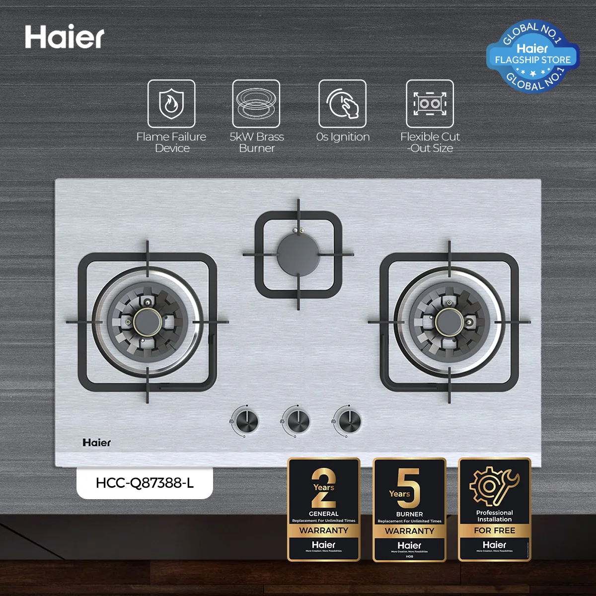 Haier - Hob - Kitchen LPG Stove - 0s Ignition - Flame Failure Device - Flexible Cut-Out Size - HCC-Q87388+ — HCC-Q87388+