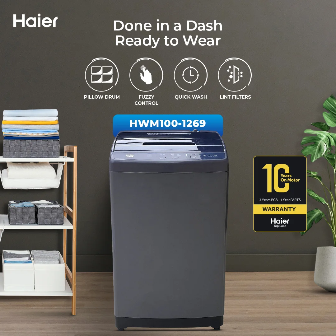 Haier - 10kg Top Loading - Fully Automatic - Washing Machine - Pillow Drum-Quick Wash-Dual Lint Filters - HWM 100-1269 — HWM 100-1269