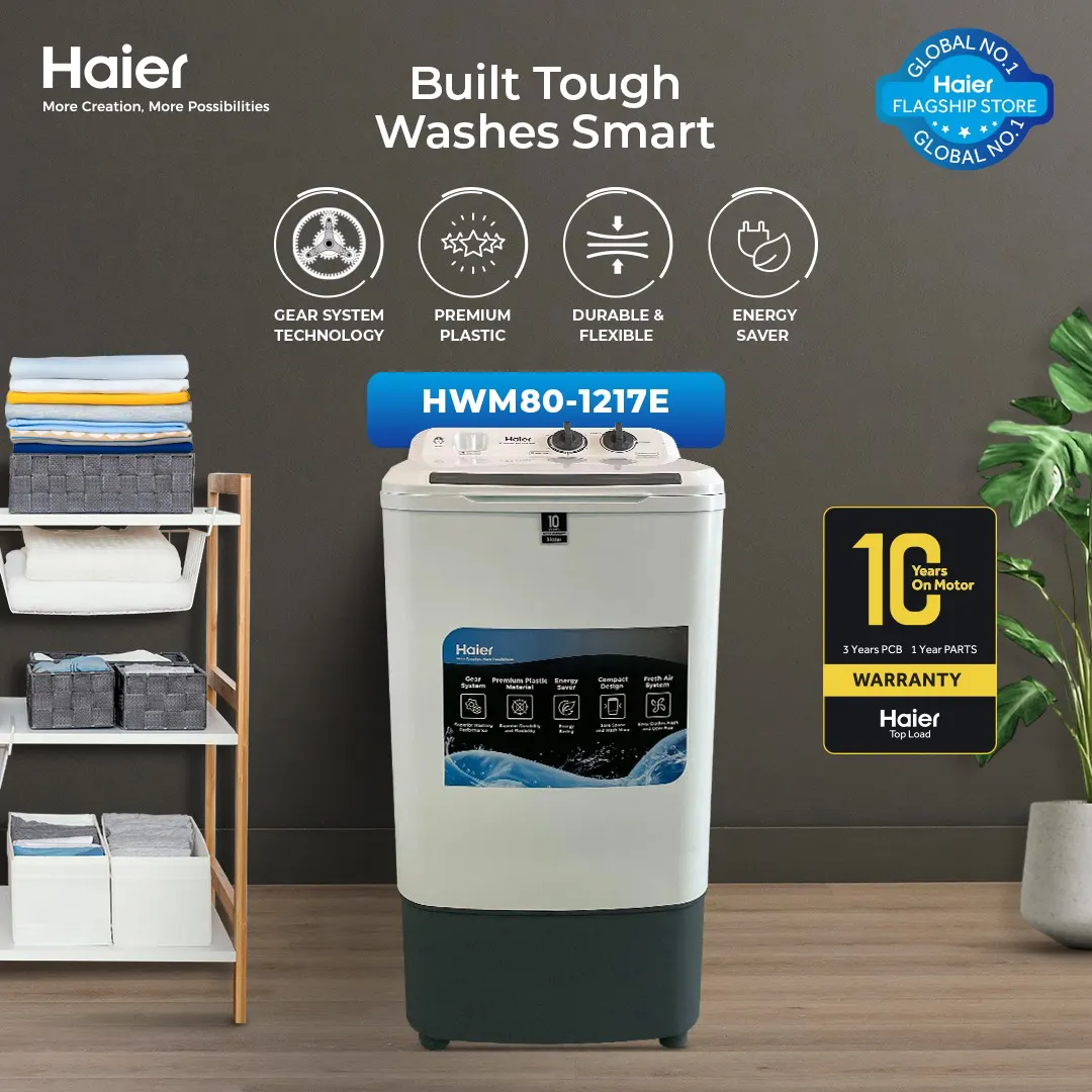Haier - 8kg - Single Tub Washer - Semi Automatic - Washing Machine - ( Virgin Plastic + Compact Design + Wide Voltage Range) - HWM 80-1217E+ — HWM 80-1217E+