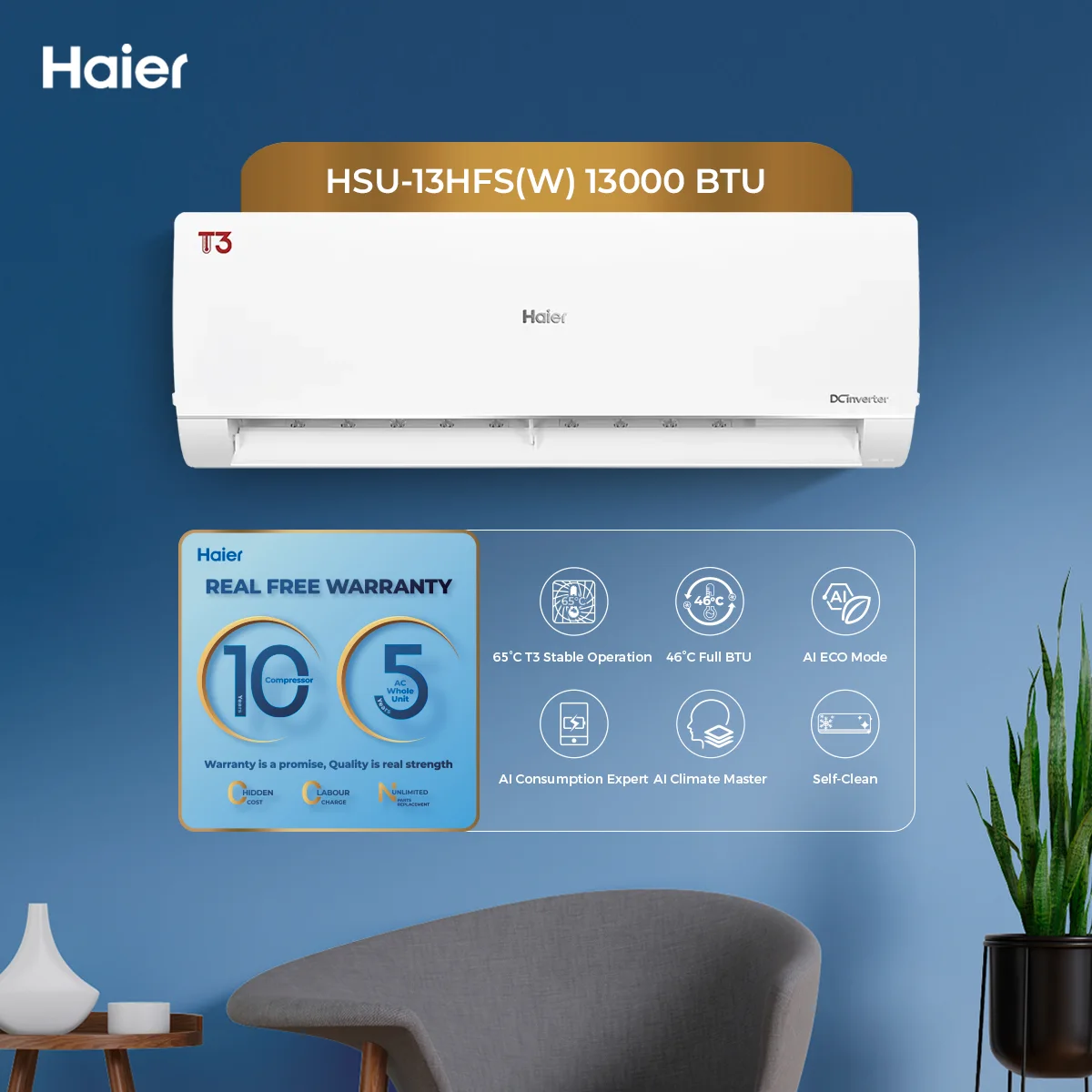 Haier - 1 Ton - T3 Series - DC Inverter - Air Conditioner - Anti Rust - Heat & Cool - HSU-13HFS(W) — HSU-13HFS(W)