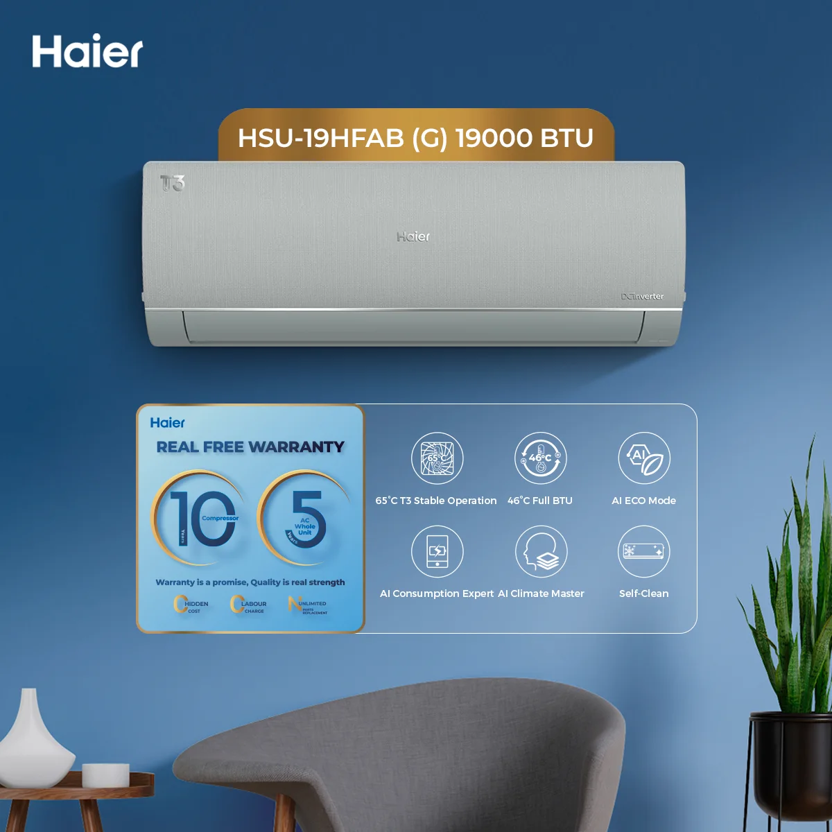 Haier - 1.5 Ton - T3 Series - DC Inverter - Air Conditioner - T3 Stable Operation - Self Clean - HSU-19HFAB+ — HSU-19HFAB+