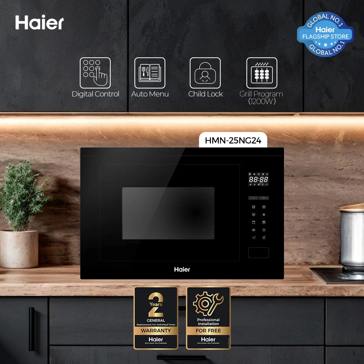 Haier - 25L Microwave Oven - Built In Grill 1200W - Auto Menu - HMN-25NG24+ — HMN-25NG24+